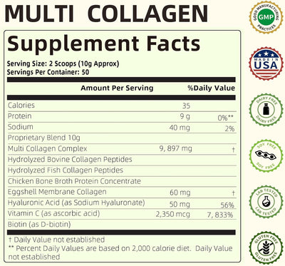 Multi Collagen Peptides Powder, Type I, II, III, V, X Hydrolyzed Collagen