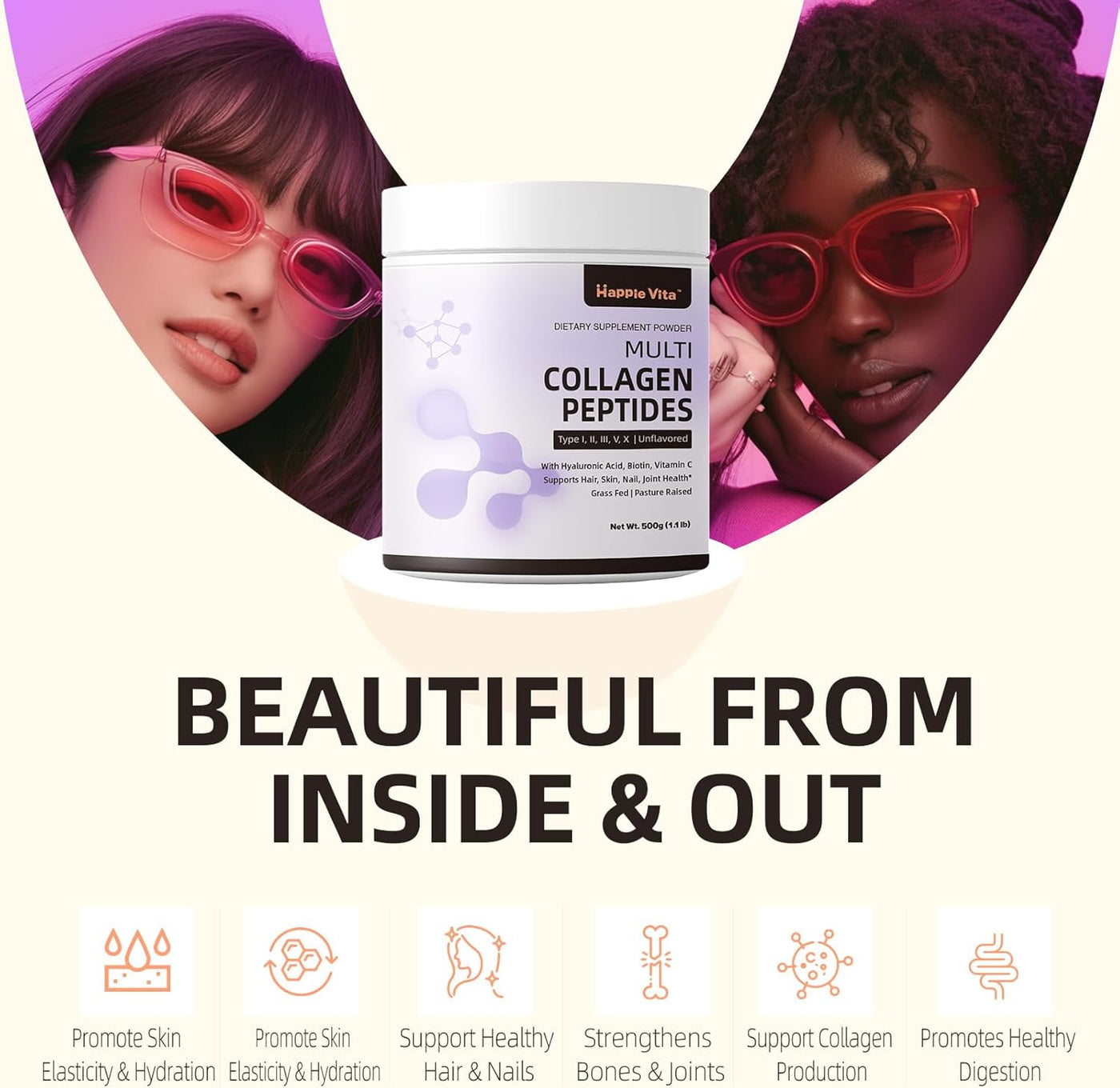 Multi Collagen Peptides Powder, Type I, II, III, V, X Hydrolyzed Collagen